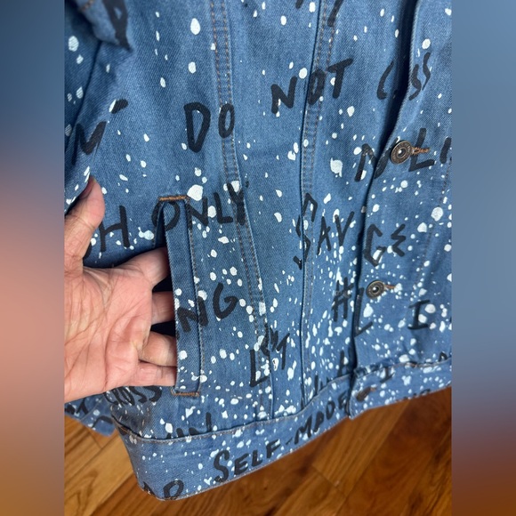 Brooklyn Cloth Blue Denim Jacket Black Graffiti Style text&white paint splatter - Picture 6 of 11